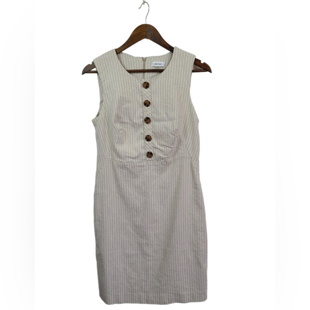 Calvin Klein Neutral Striped Linen Blend Career Dress